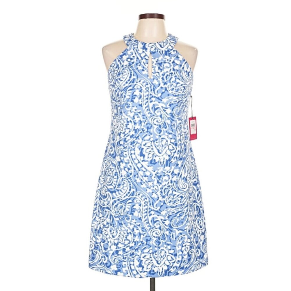 Vince Camuto Keyhole Top Dress in Blue and White Paisley Print
